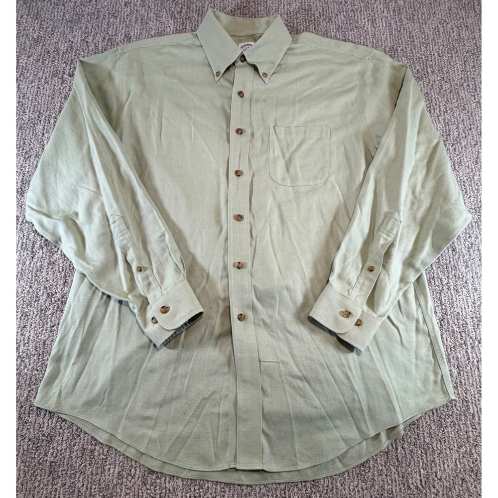 Brooks Brothers Button Down Men L Green Cotton Cashmere Herringbone Non-Iron